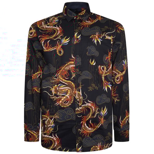 KAM Long Sleeve Dragon Print Shirt Black